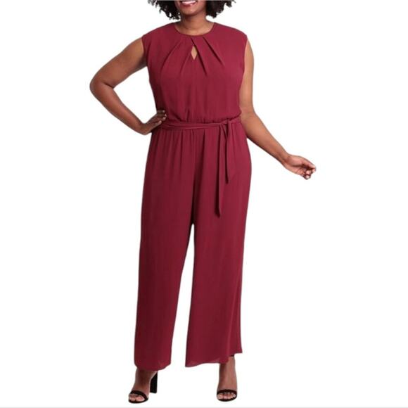 London Times Women's Pleat Neck Rhododendron Wide Leg Jumpsuit Plus Size 22W New - Picture 2 of 13